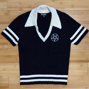 Hot Topic Black & White Pentagram Knit Polo Top